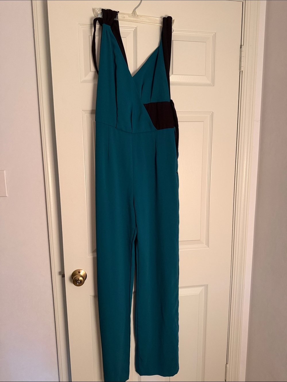 Emerald Green V-Neck Wide-Leg Jumpsuit with Black Trim